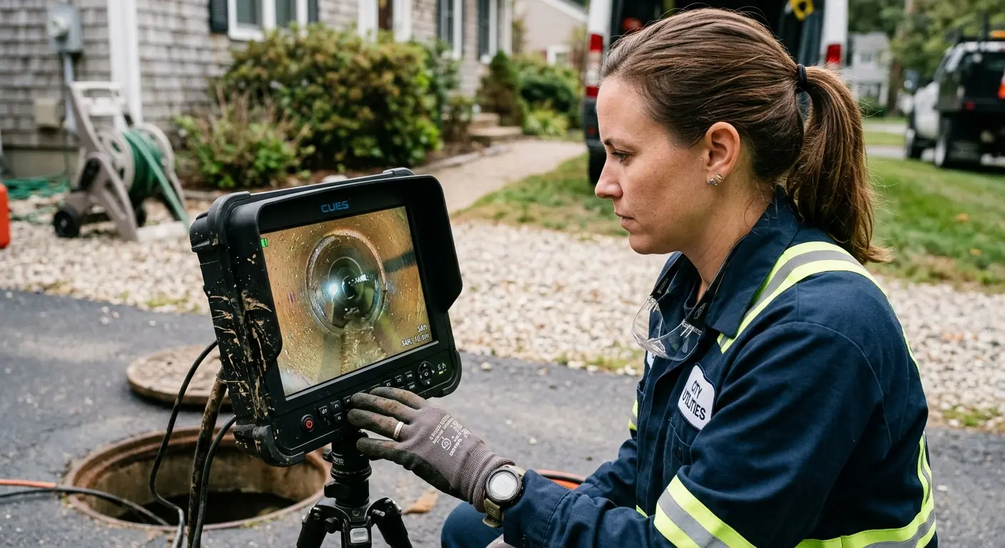 Technician reviewing sewer camera inspection footage in Dallas