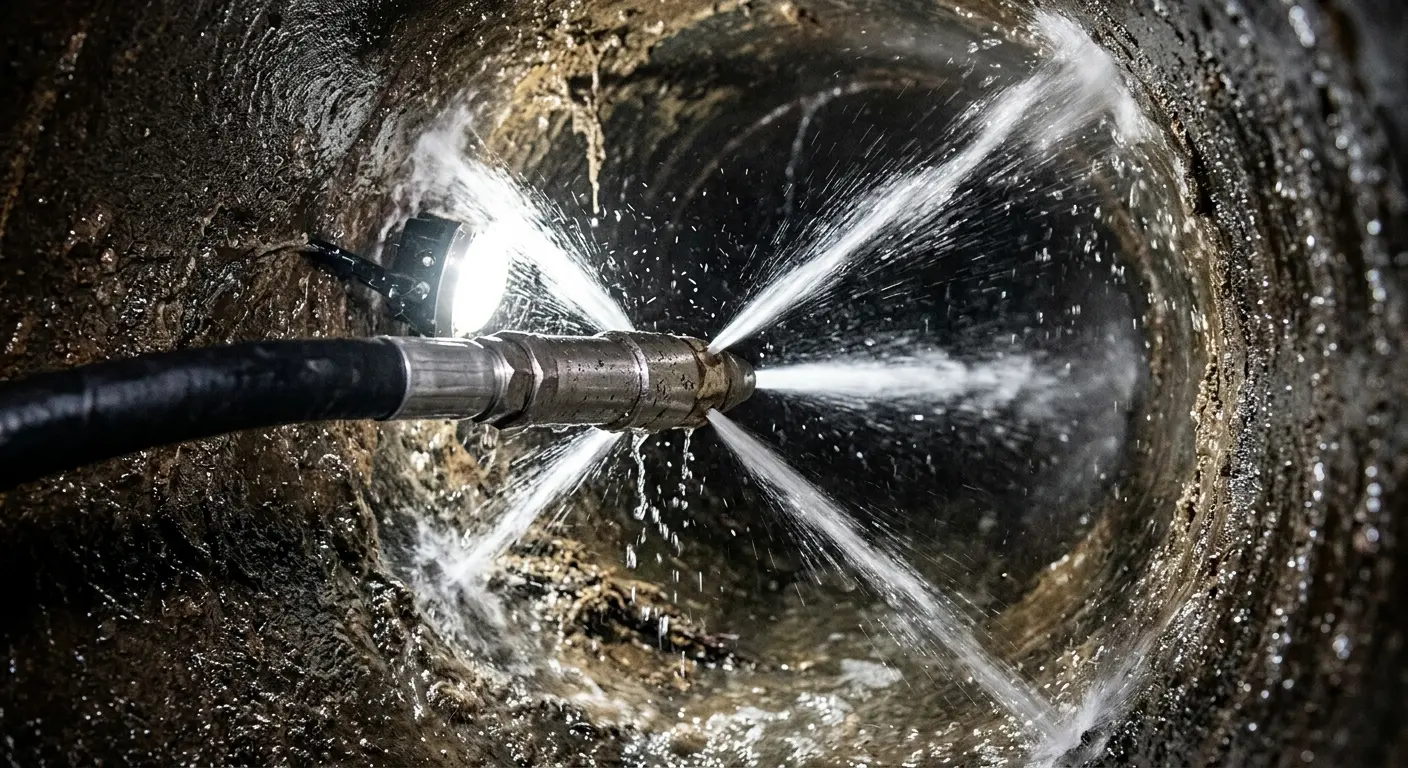 High-pressure hydro jetting nozzle cleaning sewer pipe for Sewer Line Relining in Dallas