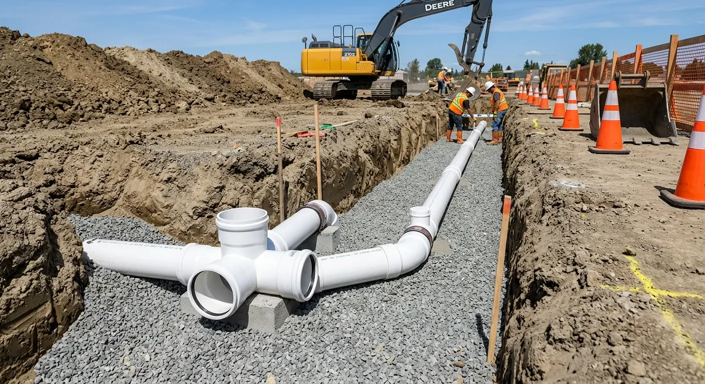 New PVC sewer pipe installation in open trench for Commercial Drain Cleaning in Dallas
