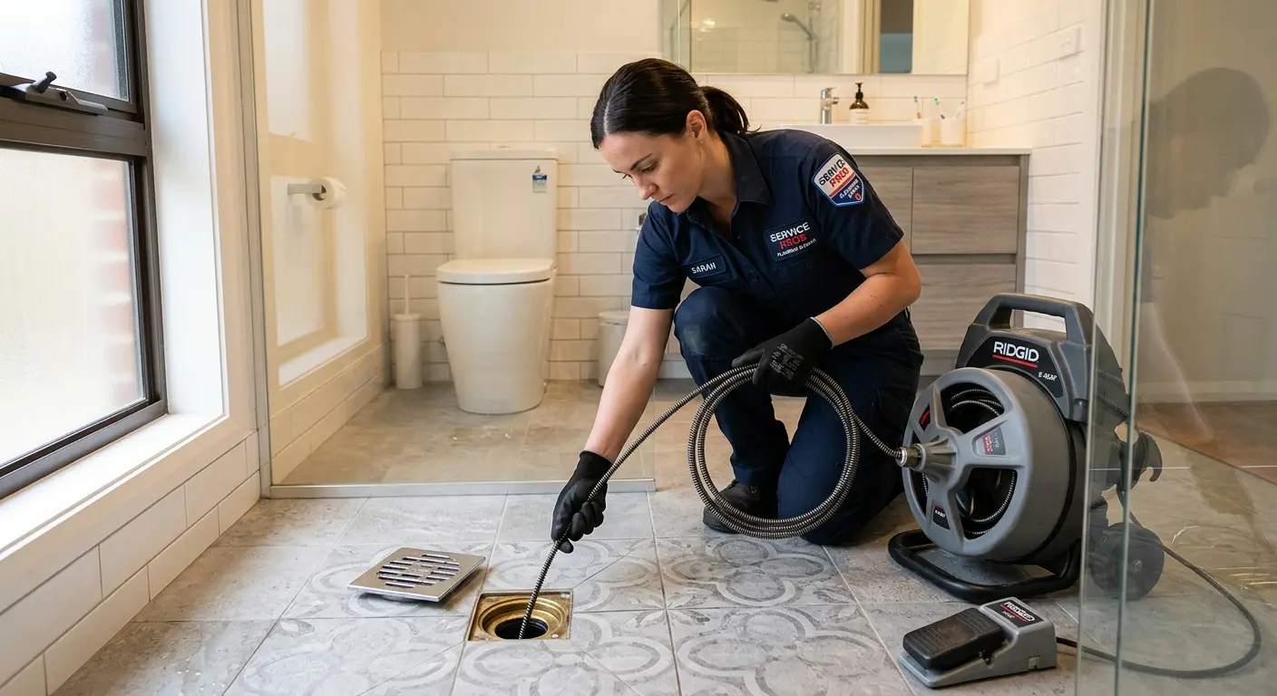 Technician clearing a bathroom floor drain for Sewer Line Installation in Dallas